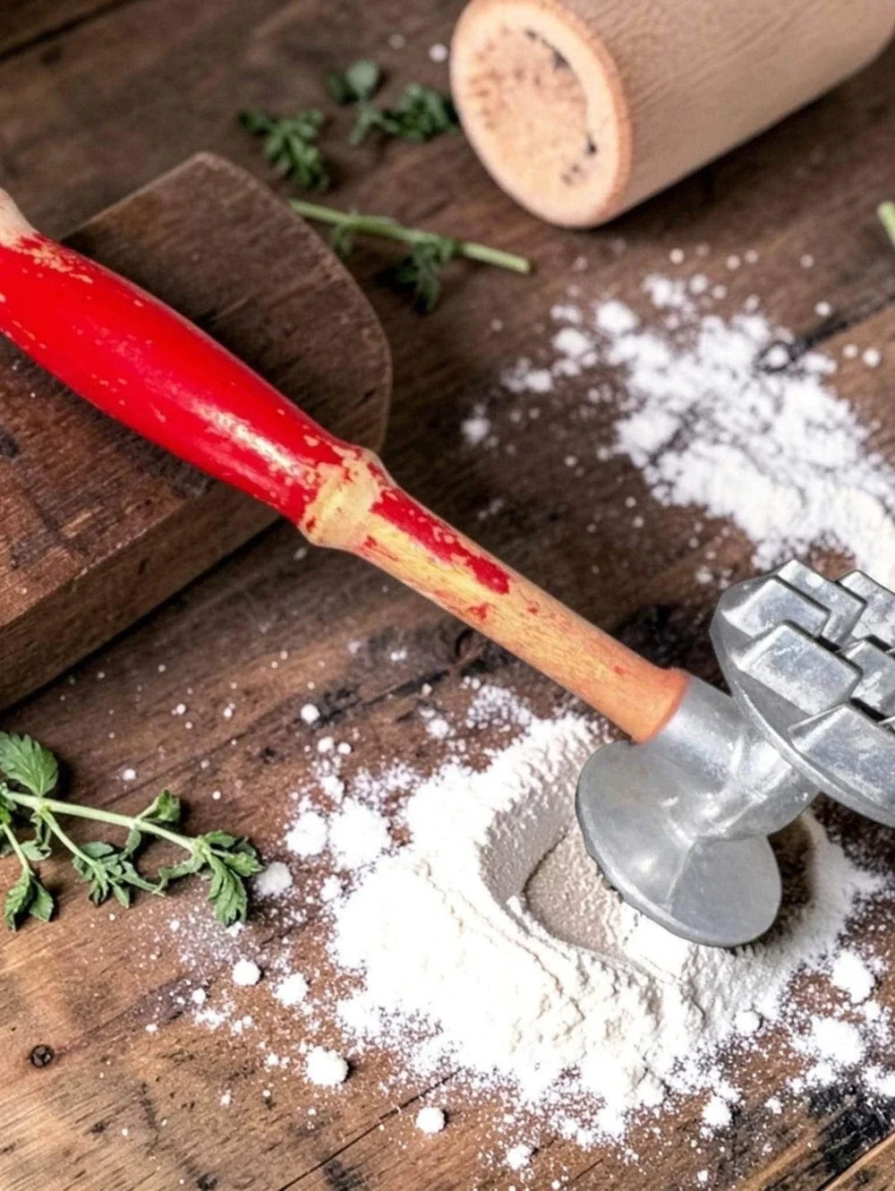 Aluminum Mallet retro utensil, red handle, midcentury style decor